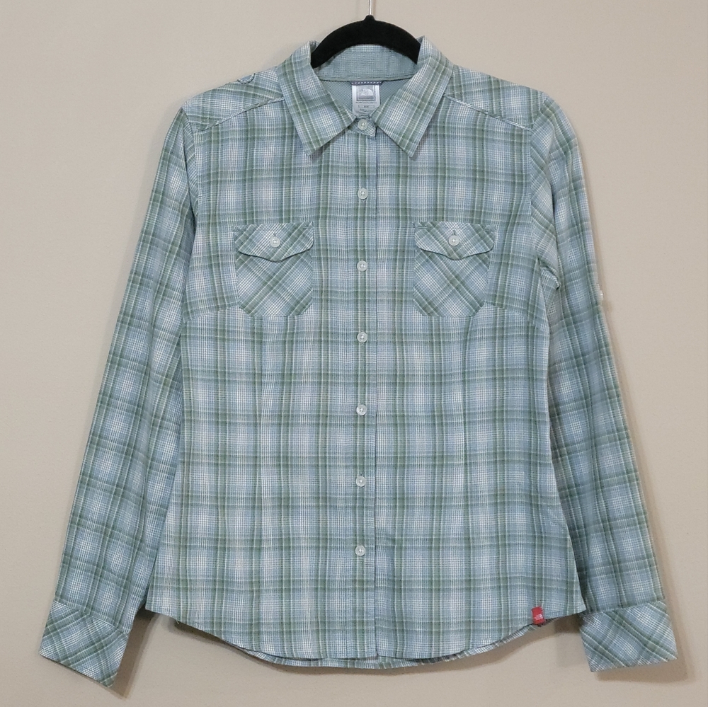 The North Face Green Blue Plaid Long Sleeve Button Up Shirt Embroidered Womens M